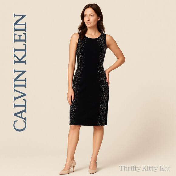 Calvin Klein Black Sleeveless Sheath Dress 2 Embellished Rhinestone Cocktail - Picture 1 of 10